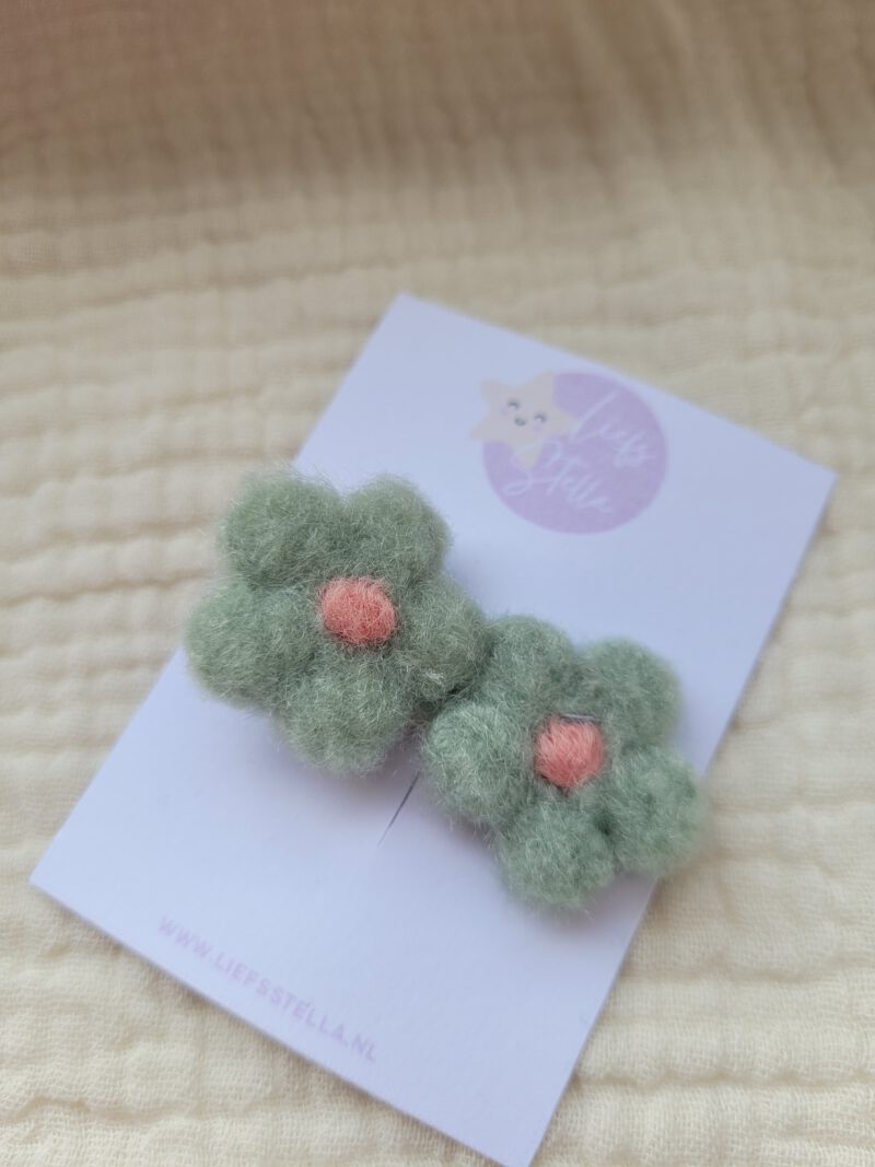 Fluffy groen met roze Bloemen Alligator haarspeldje - Afbeelding 2